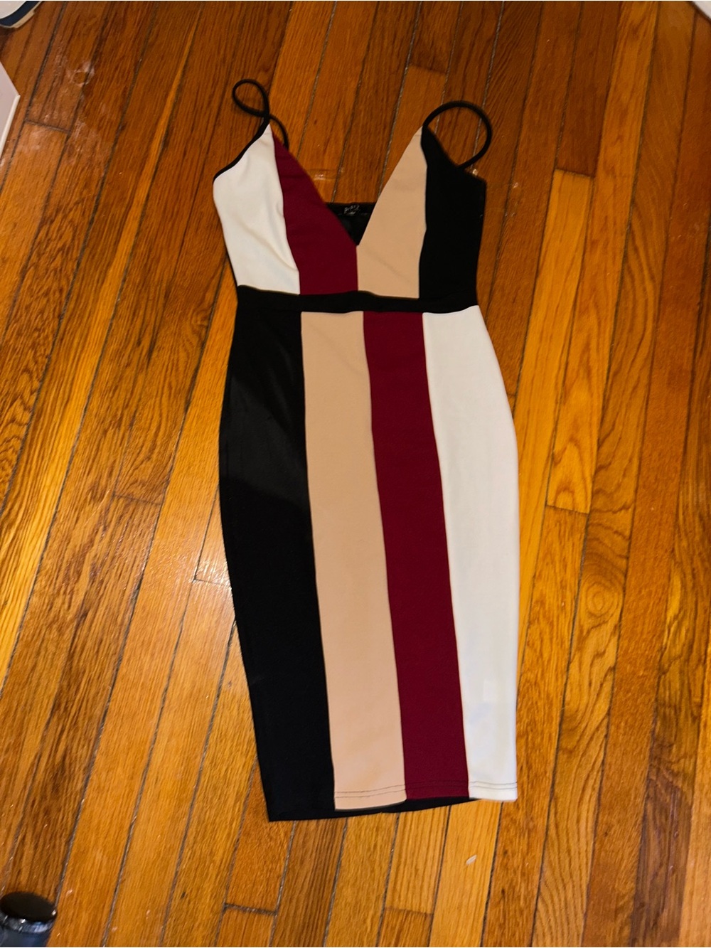 Colorblock Midi Dress with Deep V - Black, White, Beige & Burgundy